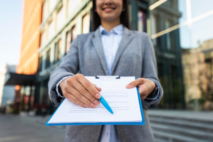 A woman holding a pen and a form