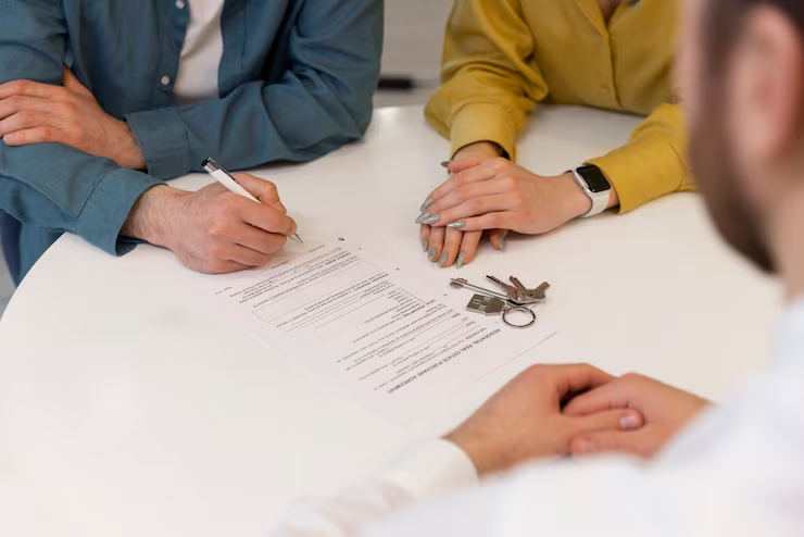 A person signing a form.