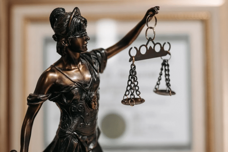A Themis figurine displayed in a lawyer’s office.