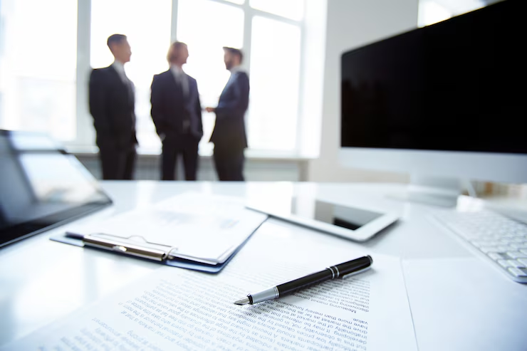 Three people chatting inside an office