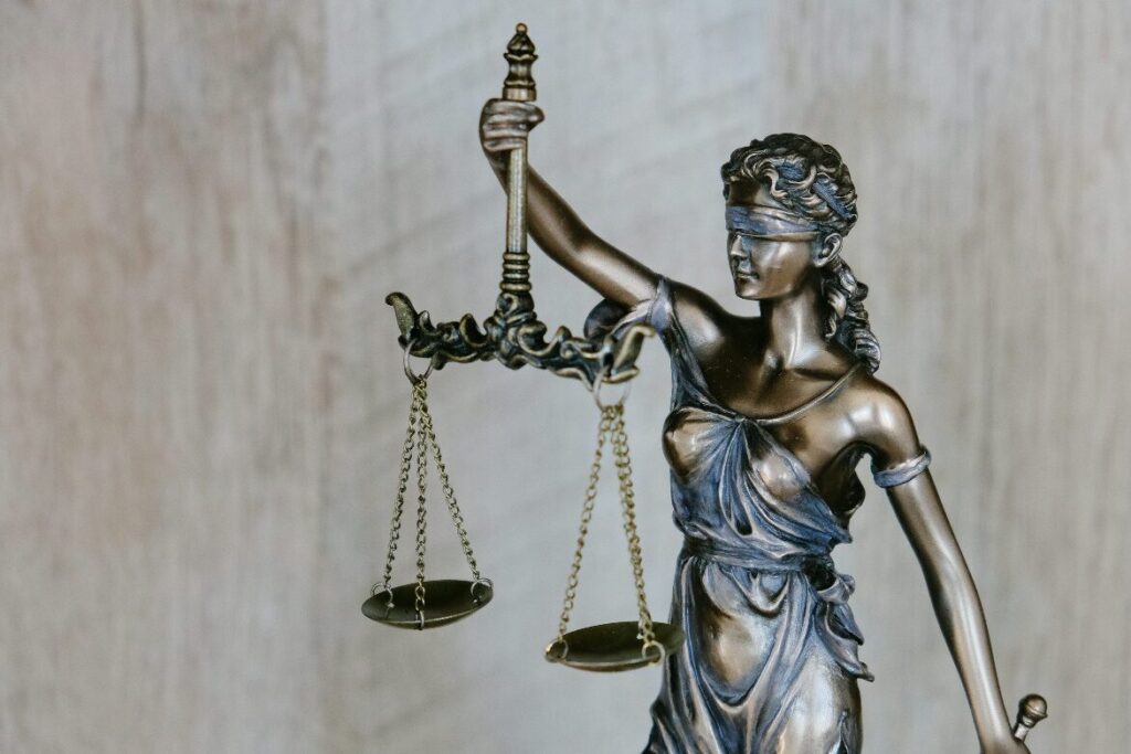 A close-up of the Lady of Justice statue