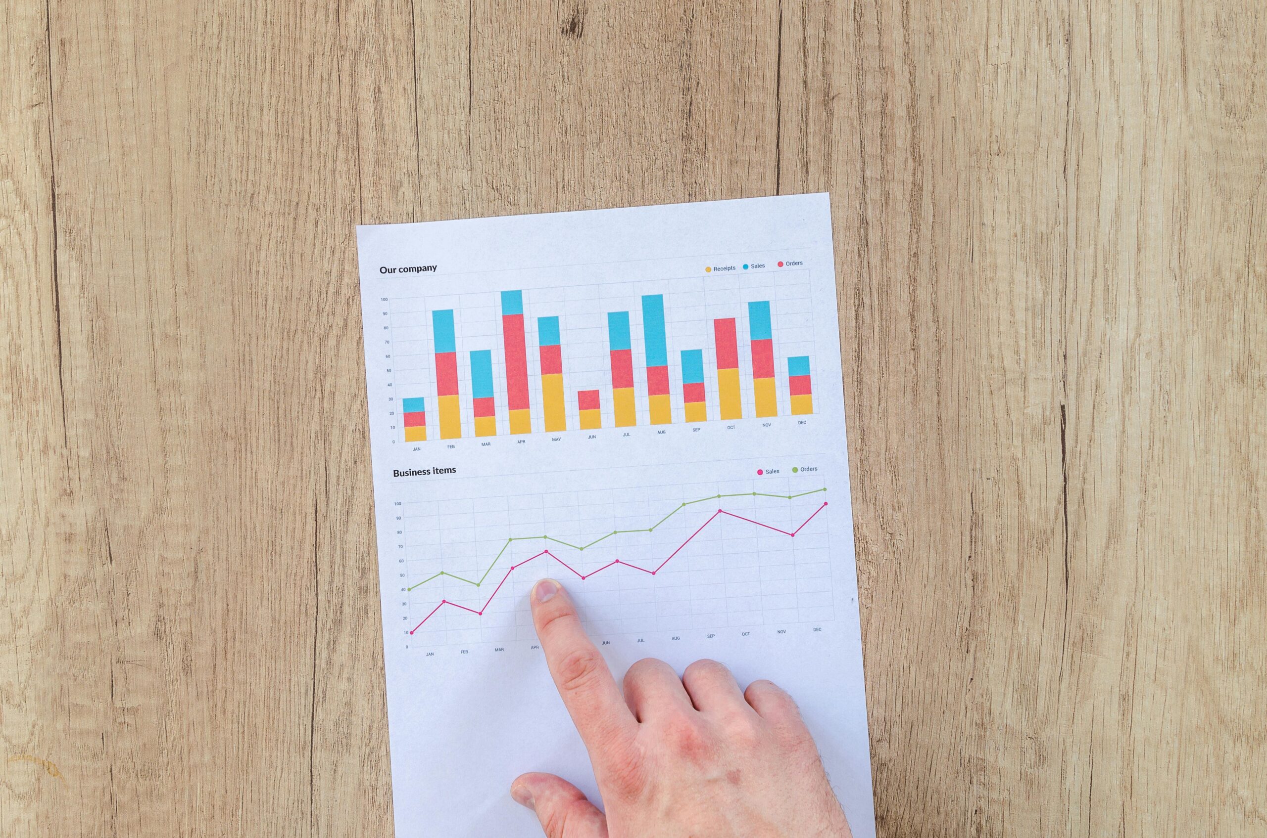 A person pointing to graphs on a paper