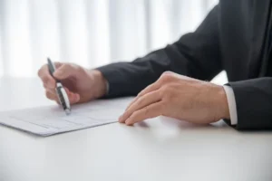 Person in a suit examining a document with a pen beside an open folder