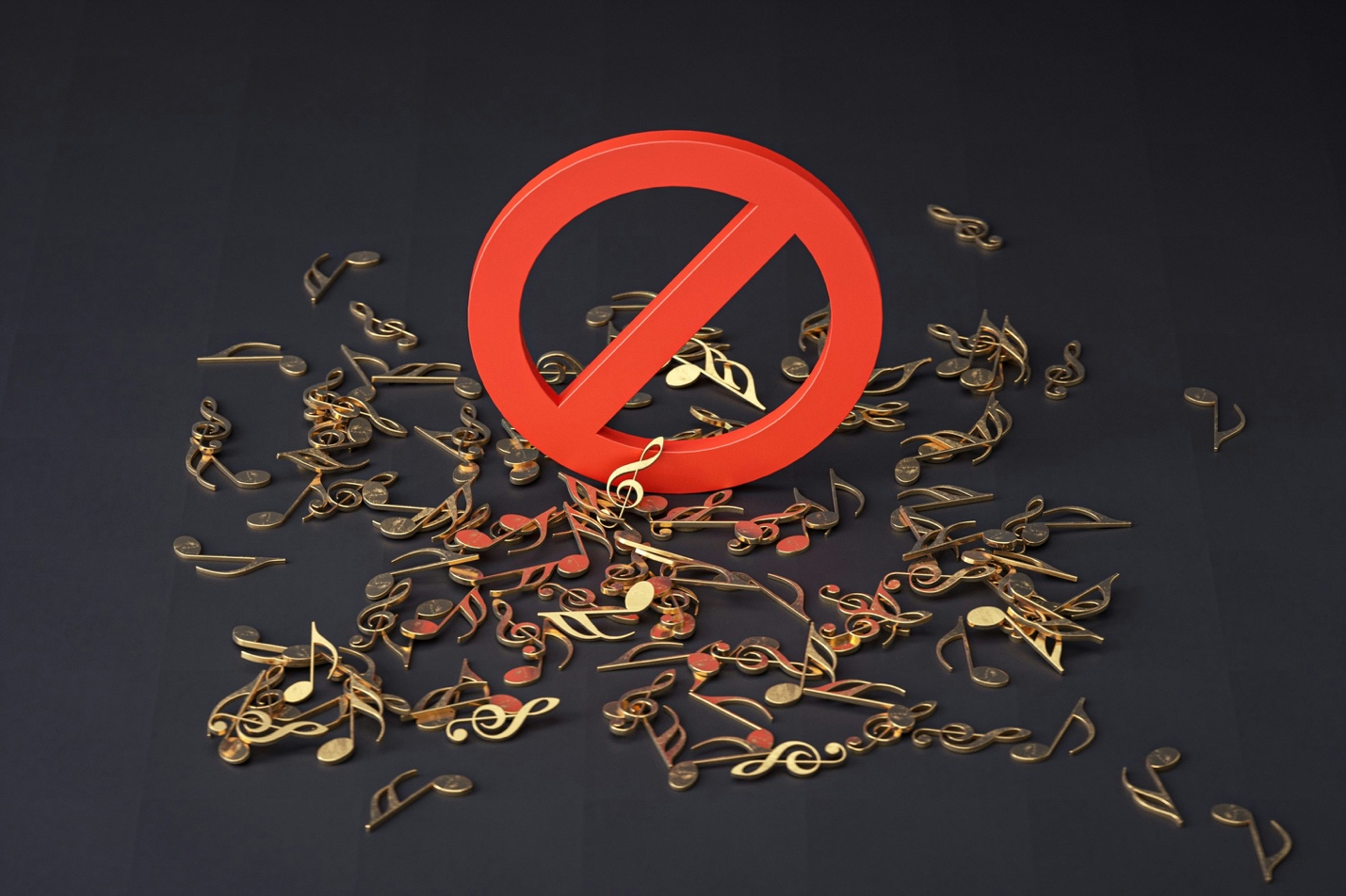 A pile of sheet music with a red warning symbol representing copyright protection and licensing limits.